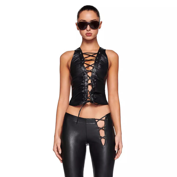 Hardcore Laced-up Leather Vest Crop Top! Sexy Patent Vegan PU Leather Vest Top 2405