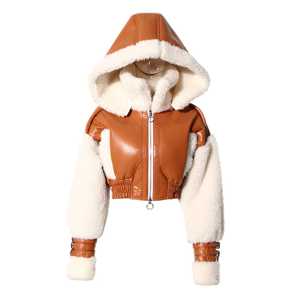 Apricot Vegan Leather Winter Warm Fleeced Suede Hooded Crop Jacket! Chic Winter Jacket Celebrity Fashion 2312