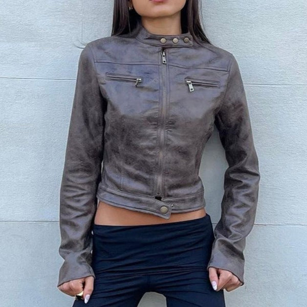 Wild West Distressed Leather Jacket Top Long Sleeve! Sexy  Vegan PU Leather Jacket Top 2308