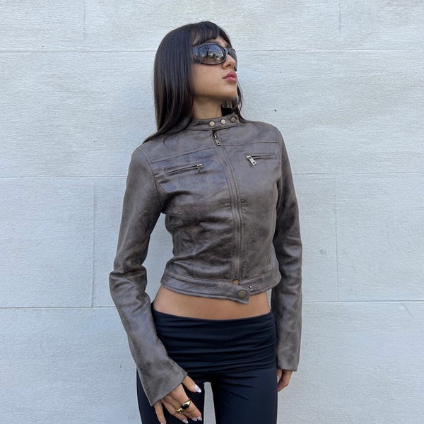 Wild West Distressed Leather Jacket Top Long Sleeve! Sexy  Vegan PU Leather Jacket Top 2308