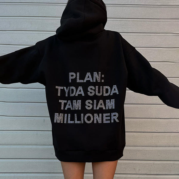 Black Hoodie "Plan Tyda Suda Tam Slam Millioner ..." Loose Fitting Long Sleeve Hooded Sweatshirt Top !