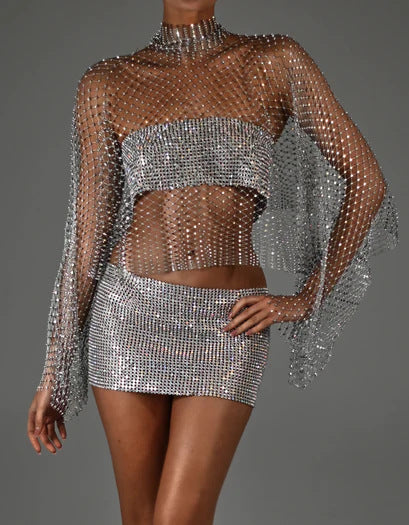 Blingbling Long Sleeve See-through Fishnet Top with Shining Rhinestones , Bikini Cover Up Shirt 2311