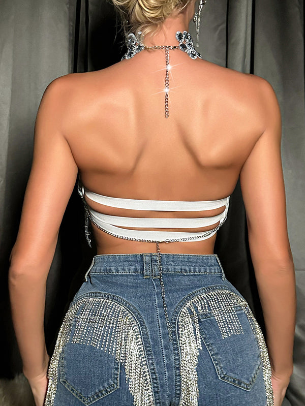 Hand Crafted Shining Diamonds Sexy Backless Halter Crop Top, Shining Hot Tops for Club Party