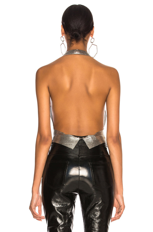 Silver Minimal Sexy Backless Crop Halter Top with Flicker Sequins Fabric , Shining Crop Tops, ClubWear - KellyModa Store