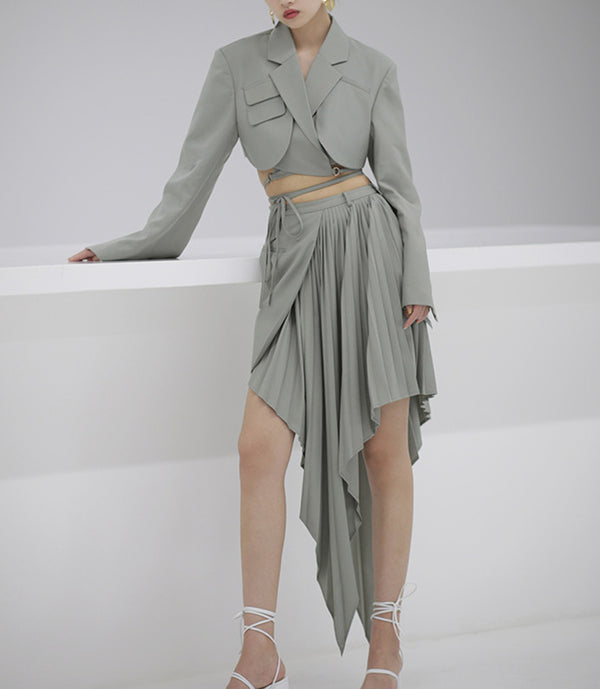 Blazer Crop Top and Pleated Skirt 2-piece Set! Blazer and Skirt Designer Fashion 2207
