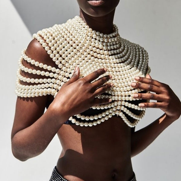 Pearl Shirt! Chic Faux Pearl Beads Crop Top, Luxury Shining Hot Tops for Club Party