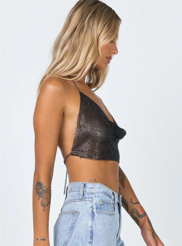 Shorter Edition Sexy Backless Halter Crop Top with Flicker Sequins Fabric, Shining Tops - KellyModa Store