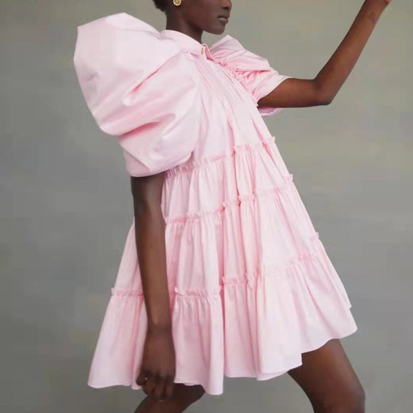 Exaggerated Pleated Puffy Silhouetted Chic A-line Shirt Dress! Women's Indie Designer Fashion 2203