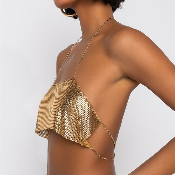 Shortest Edition Sexy Backless Halter Crop Top Bra with Flicker Sequins Fabric, Shining Tops - KellyModa Store