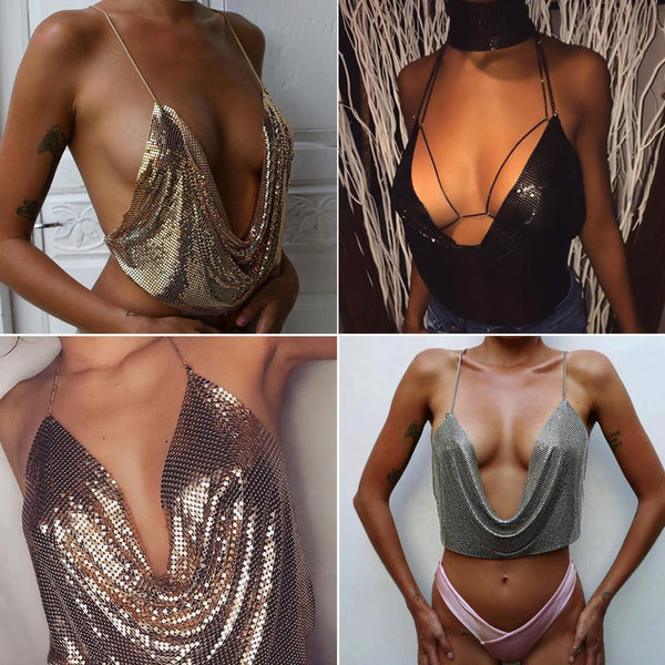 Metal! Sexy Cropped Backless Halter Tops with Flicker Fabric, Golden Silver Club Sexy-TownTiger