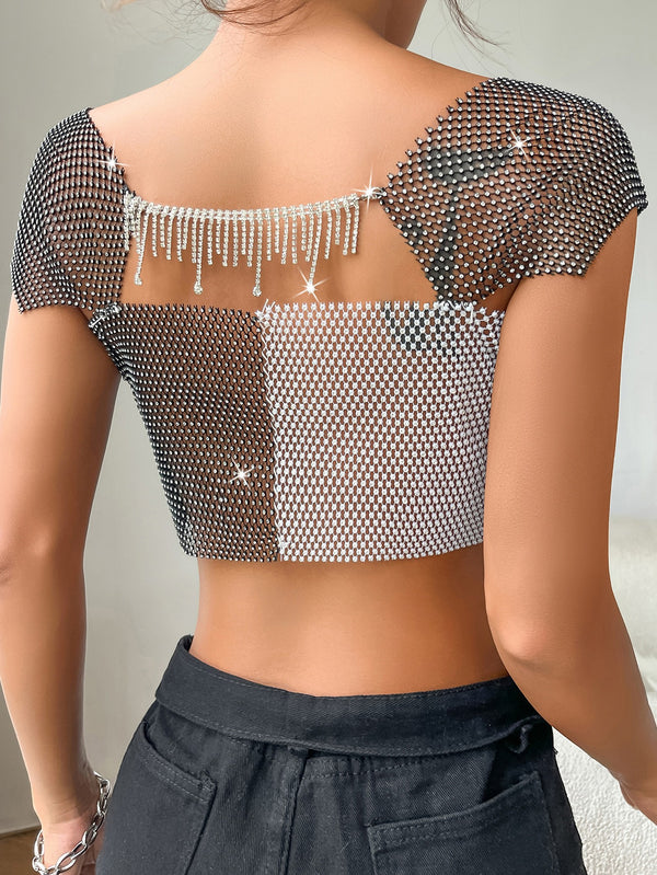 Black and White Fishnet See-through Mesh Cap Sleeves Crop Top with Rhinestones , Bikini Cover Up ClubWear