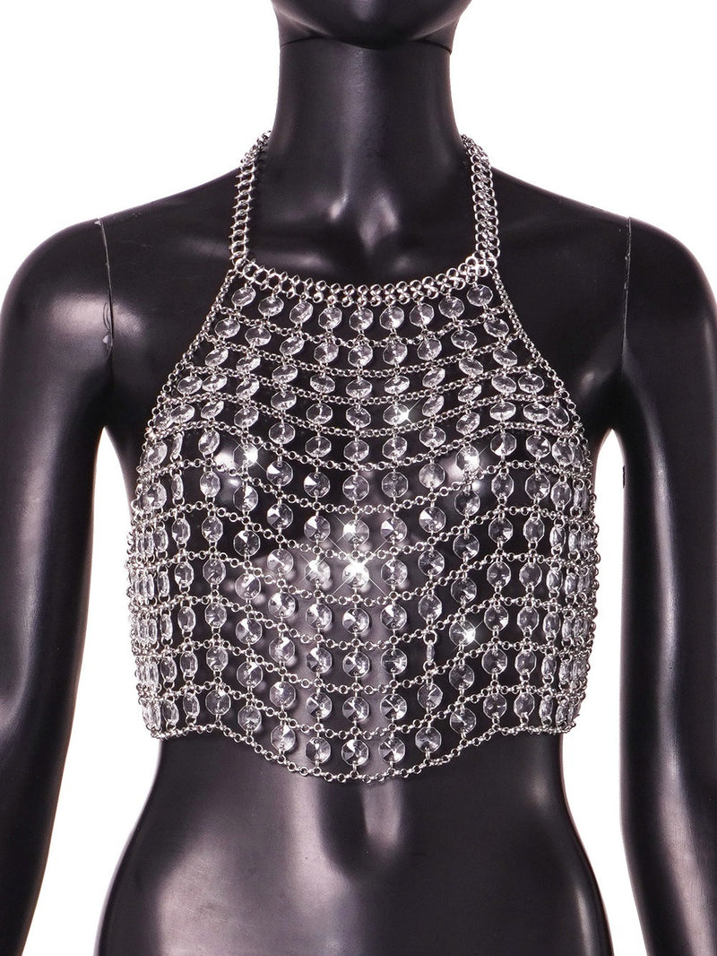 Clear Crystal Hand Crafted Shining Sexy Backless Halter Crop Top, Shining Hot Tops for Club Party