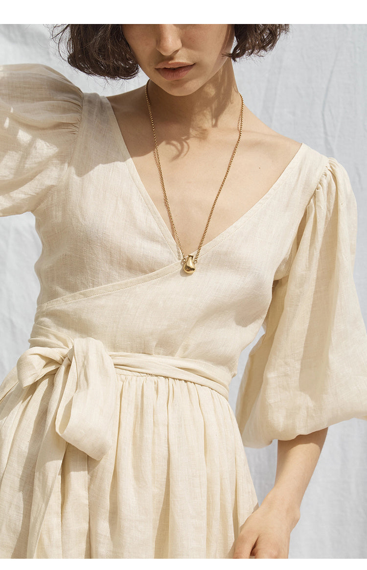 Puffy Sleeves Natural Ramie Linen Casual Pleated Dress!  Comfortable Linen Basic Dress loungewear 2305