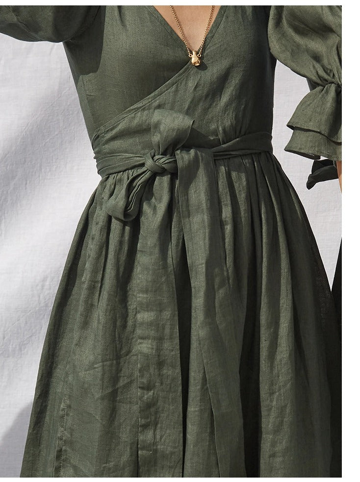 Puffy Sleeves Natural Ramie Linen Casual Pleated Dress!  Comfortable Linen Basic Dress loungewear 2305