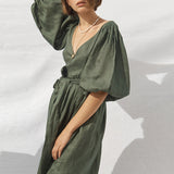 Puffy Sleeves Natural Ramie Linen Casual Pleated Dress!  Comfortable Linen Basic Dress loungewear 2305