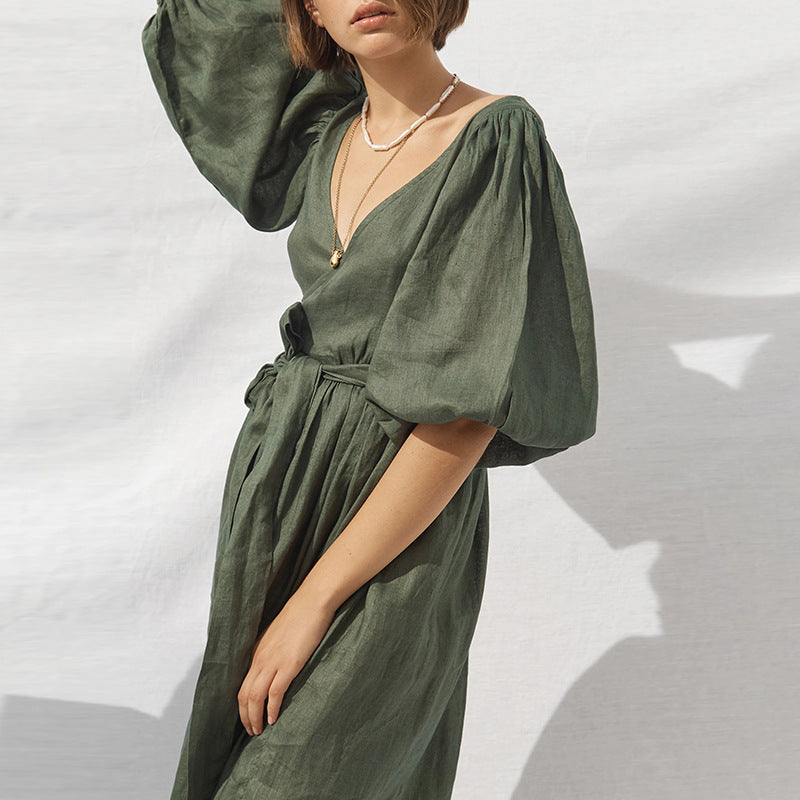 Puffy Sleeves Natural Ramie Linen Casual Pleated Dress!  Comfortable Linen Basic Dress loungewear 2305