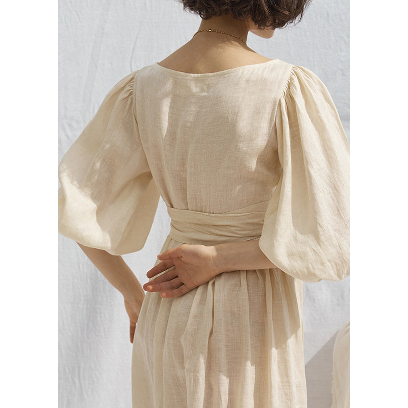 Puffy Sleeves Natural Ramie Linen Casual Pleated Dress!  Comfortable Linen Basic Dress loungewear 2305