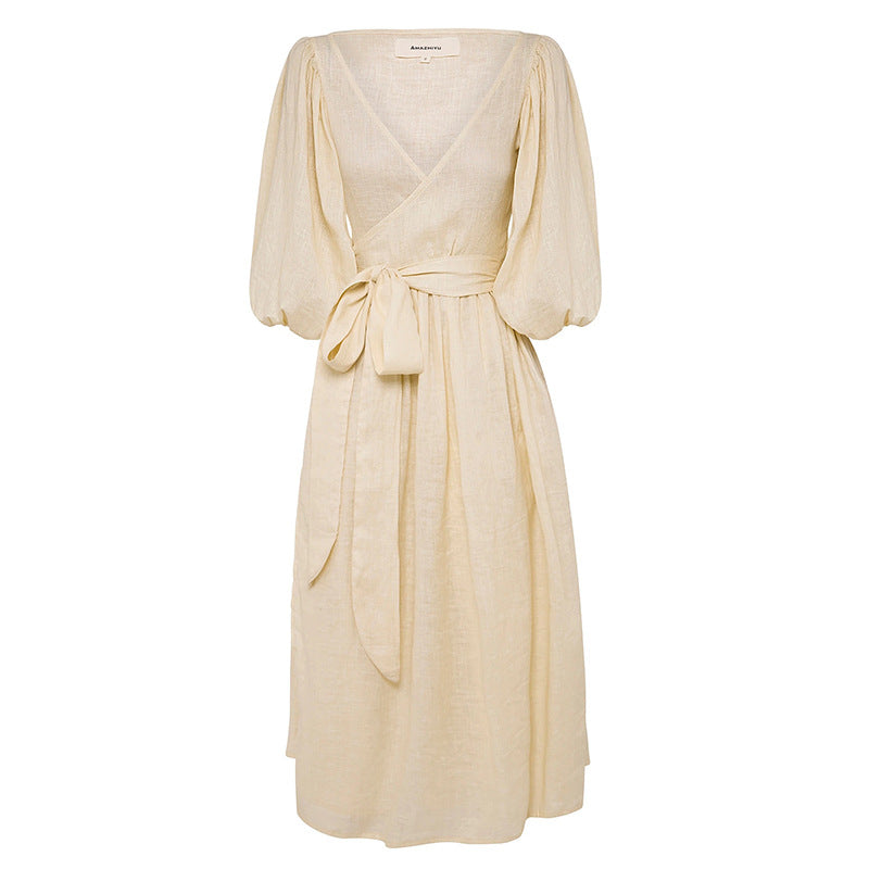 Puffy Sleeves Natural Ramie Linen Casual Pleated Dress!  Comfortable Linen Basic Dress loungewear 2305