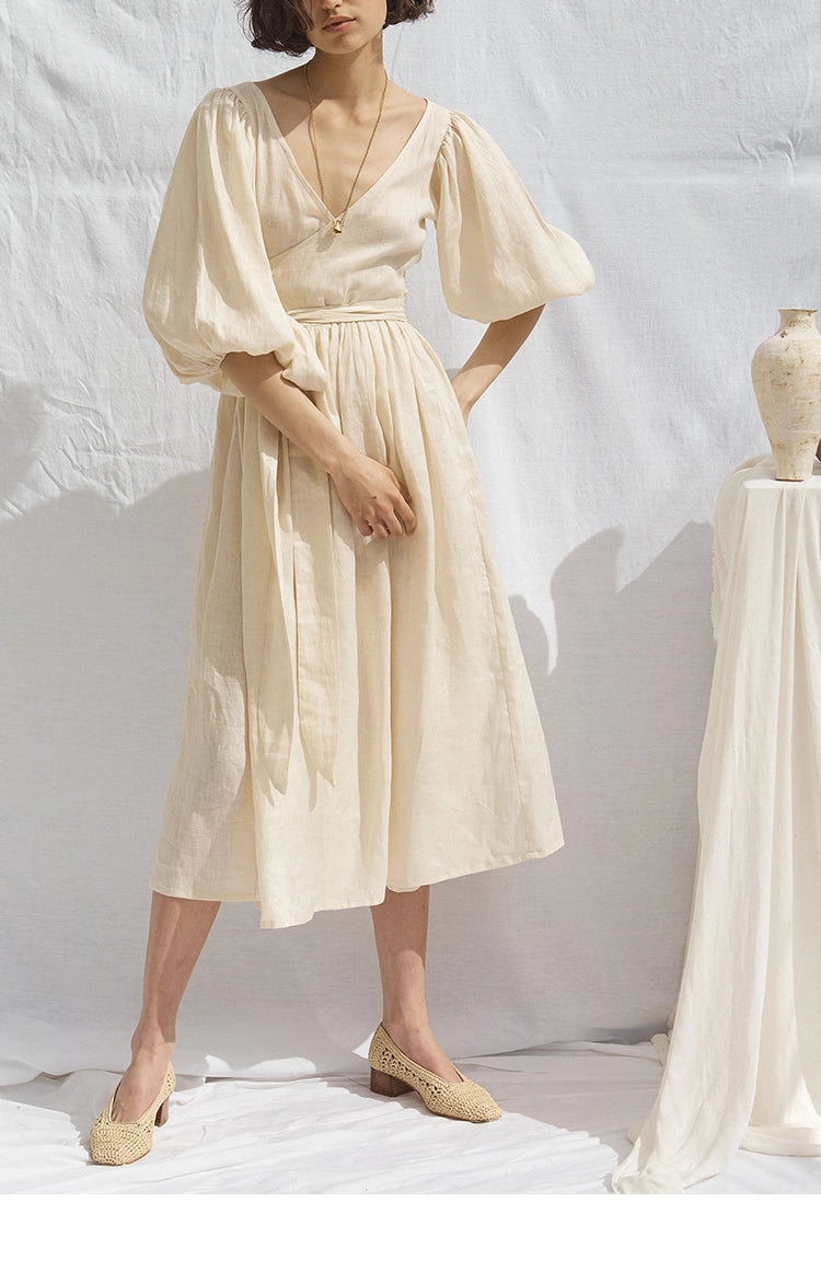 Puffy Sleeves Natural Ramie Linen Casual Pleated Dress!  Comfortable Linen Basic Dress loungewear 2305