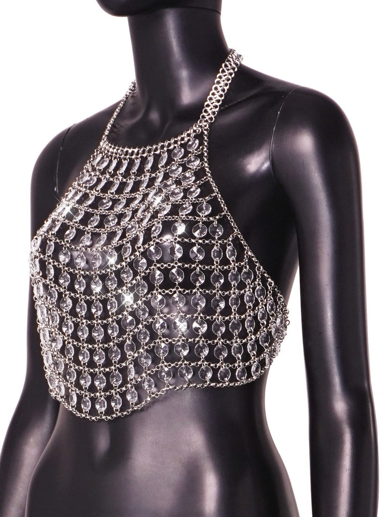 Clear Crystal Hand Crafted Shining Sexy Backless Halter Crop Top, Shining Hot Tops for Club Party