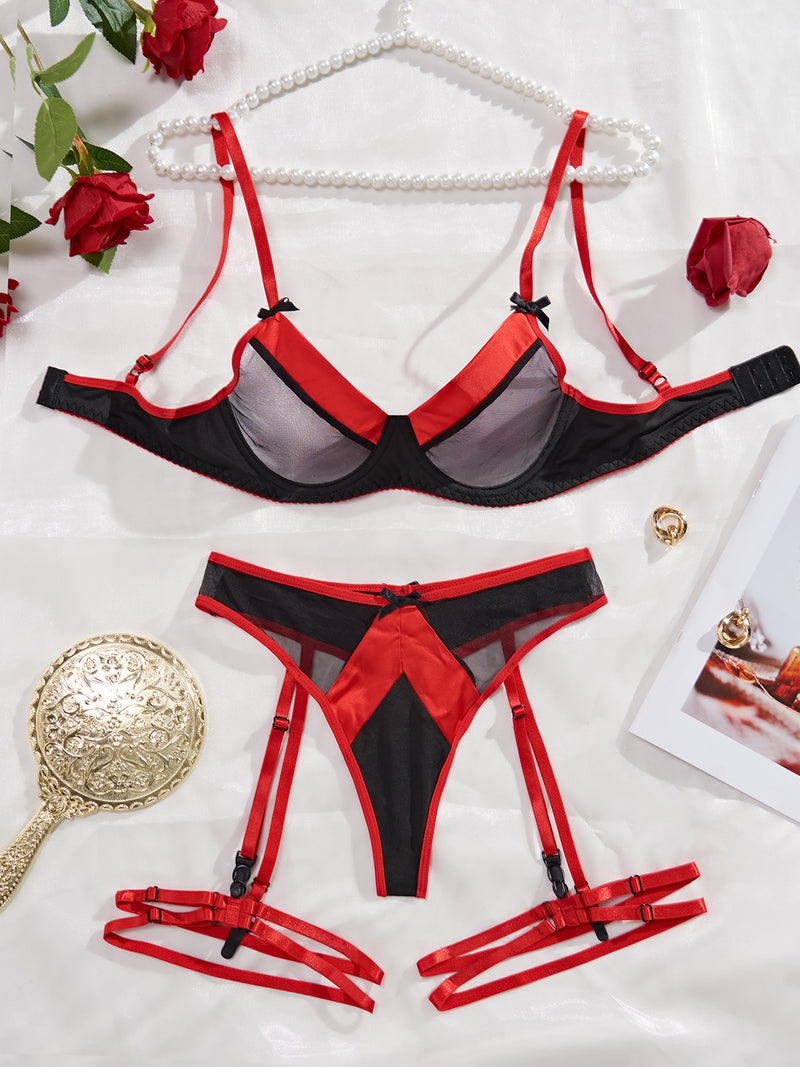 Red vs Black! Sexy Mesh Lingerie Bra Panty and Garter 3-Piece Matching Set, Sexy Lingerie Underwear