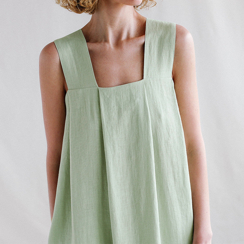 Fat Strap Solid Color Linen-Cotton Dress!  Comfortable Minimal Shirt Dress loungewear 2305