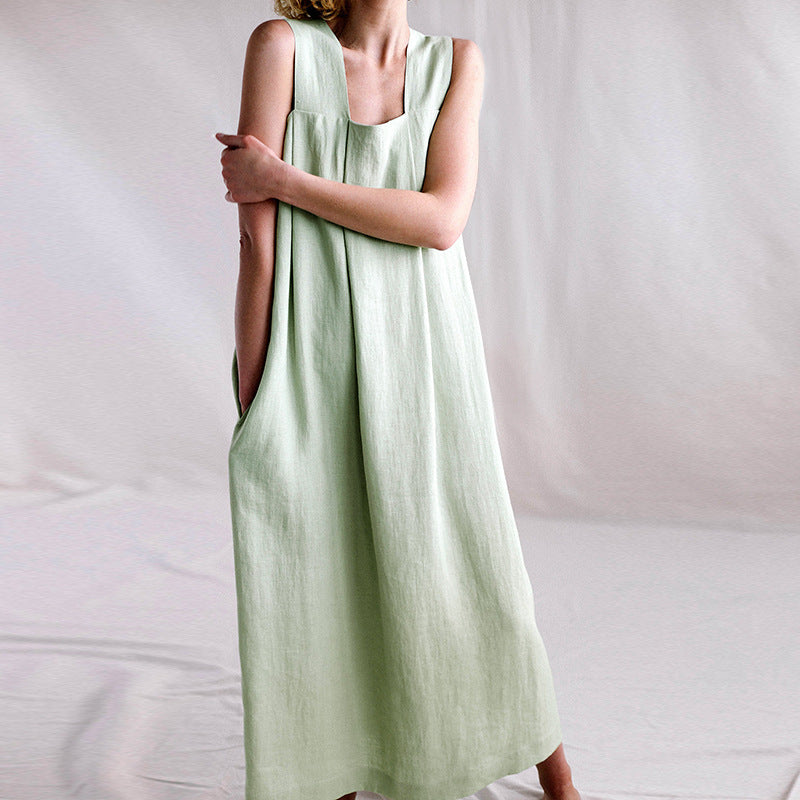 Fat Strap Solid Color Linen-Cotton Dress!  Comfortable Minimal Shirt Dress loungewear 2305