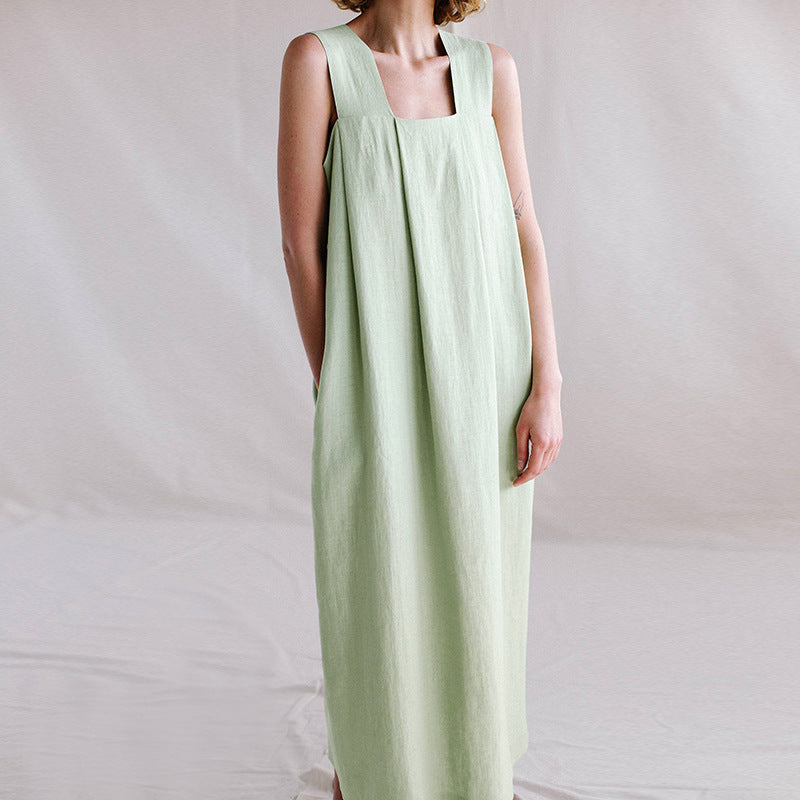 Fat Strap Solid Color Linen-Cotton Dress!  Comfortable Minimal Shirt Dress loungewear 2305