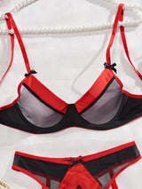 Red vs Black! Sexy Mesh Lingerie Bra Panty and Garter 3-Piece Matching Set, Sexy Lingerie Underwear