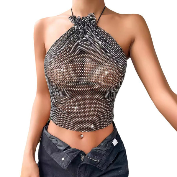 Minimal Fishnet See-through Mesh Halter Crop Top with Rhinestones , Bikini Cover Up ClubWear