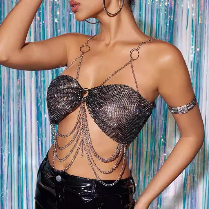 Metallic Hand Crafted Shining Sexy Backless Crop Top, Shining body Jewelry for Club Party