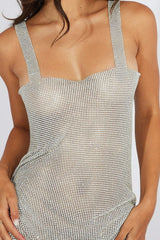 Silver Shine Backless Metallic Slip Dress, Shining Clubwear Dress 2405