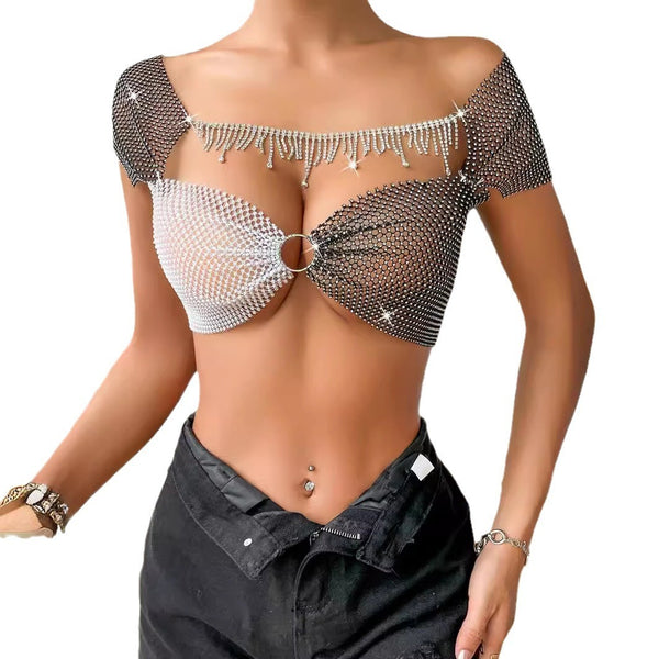 Black and White Fishnet See-through Mesh Cap Sleeves Crop Top with Rhinestones , Bikini Cover Up ClubWear