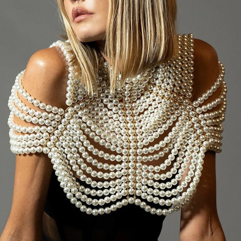 Pearl Shirt! Chic Faux Pearl Beads Crop Top, Luxury Shining Hot Tops for Club Party