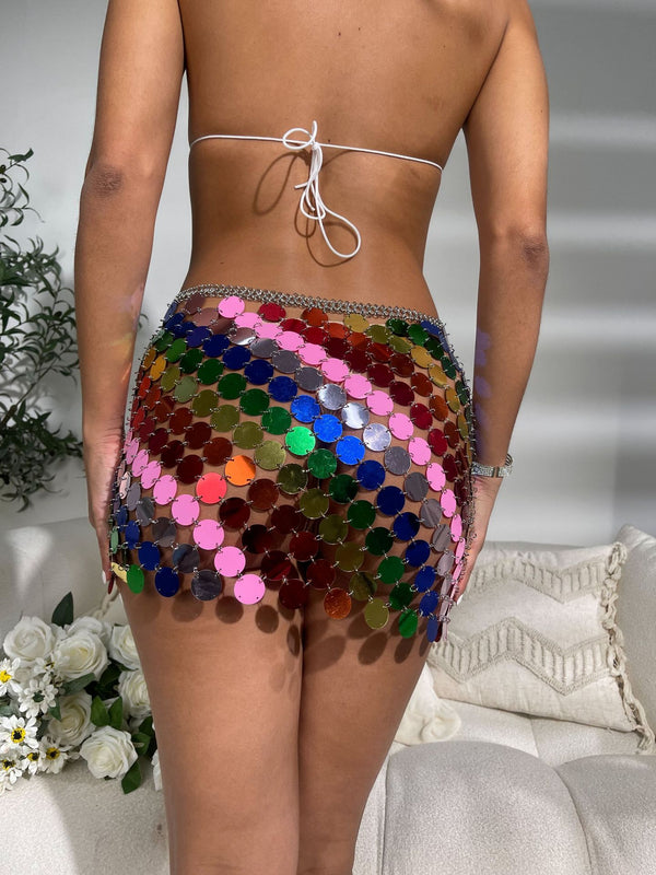 Rainbow Striped Unreal Color Shine Hand Crafted Round Plates Mini Skirt ! Sexy Hot Club Wear 2306