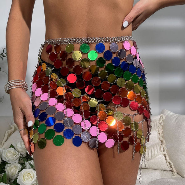 Rainbow Striped Unreal Color Shine Hand Crafted Round Plates Mini Skirt ! Sexy Hot Club Wear 2306