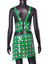 Green-pink Color Hand Crafted Round Plates Metal Crop Slip Top and Skirt 2-piece Set ! Sexy Hot ClubWear 2207