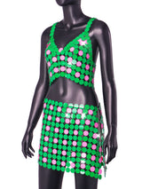 Green-pink Color Hand Crafted Round Plates Metal Crop Slip Top and Skirt 2-piece Set ! Sexy Hot ClubWear 2207