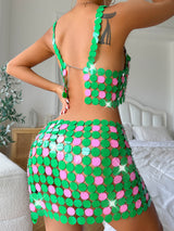 Green-pink Color Hand Crafted Round Plates Metal Crop Slip Top and Skirt 2-piece Set ! Sexy Hot ClubWear 2207