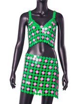 Green-pink Color Hand Crafted Round Plates Metal Crop Slip Top and Skirt 2-piece Set ! Sexy Hot ClubWear 2207