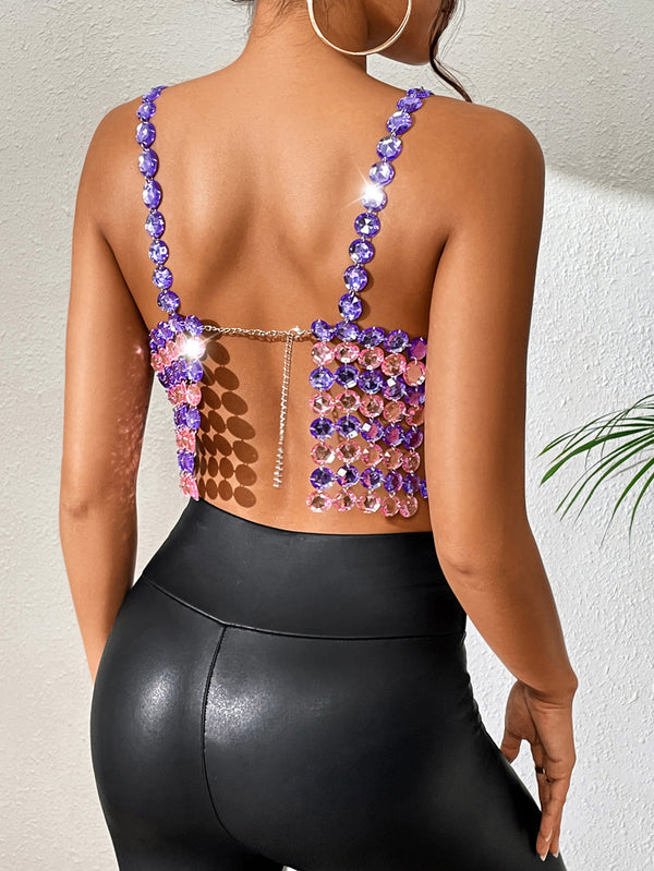 Purple and Pink Stripes Crop Tank Tops Bra , Sexy Body Jewelry, Beads Top, Hot ClubWear 20800