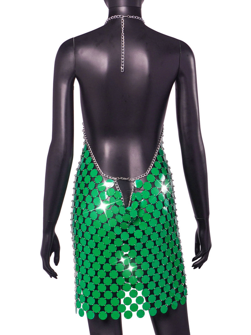 Green Hand Crafted Round Plates Shine Halter Dress ! Sexy Body Jewelry Dress Hot ClubWear 2212