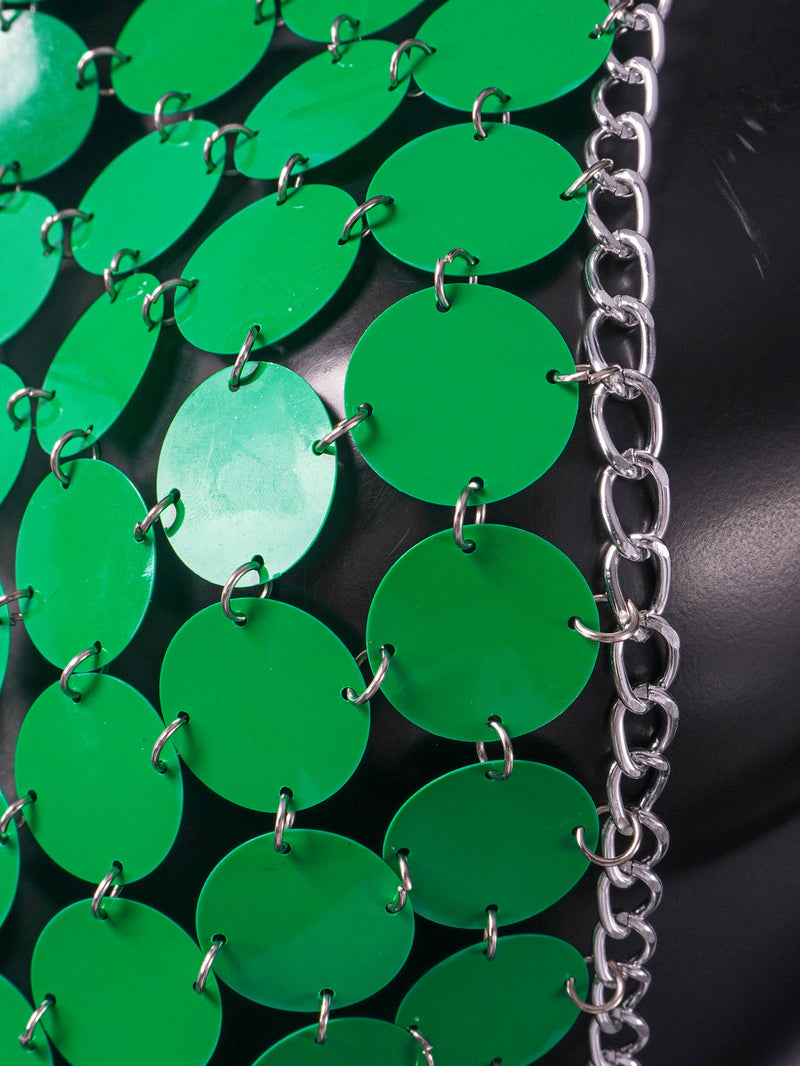 Green Hand Crafted Round Plates Shine Halter Dress ! Sexy Body Jewelry Dress Hot ClubWear 2212