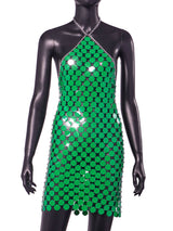 Green Hand Crafted Round Plates Shine Halter Dress ! Sexy Body Jewelry Dress Hot ClubWear 2212