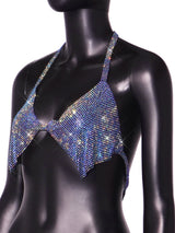 Blue Bling bling! Sexy Backless Halter Crop Top with Flicker Fabric , Shining Tops