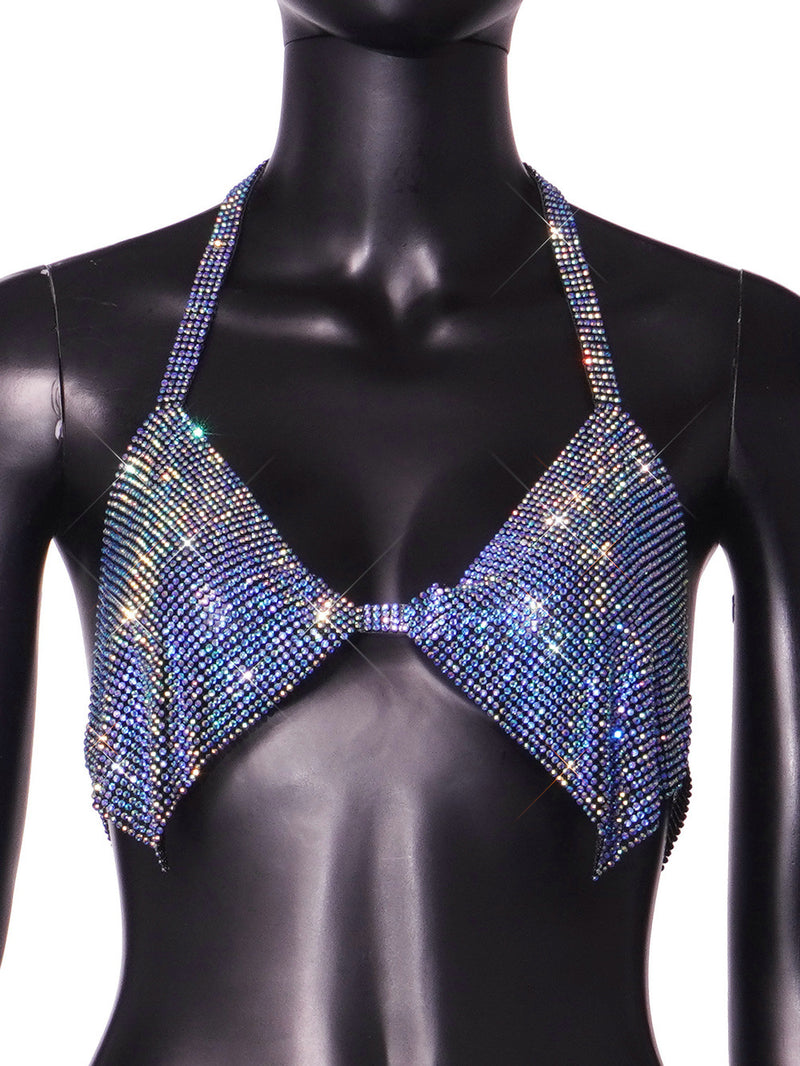 Blue Bling bling! Sexy Backless Halter Crop Top with Flicker Fabric , Shining Tops