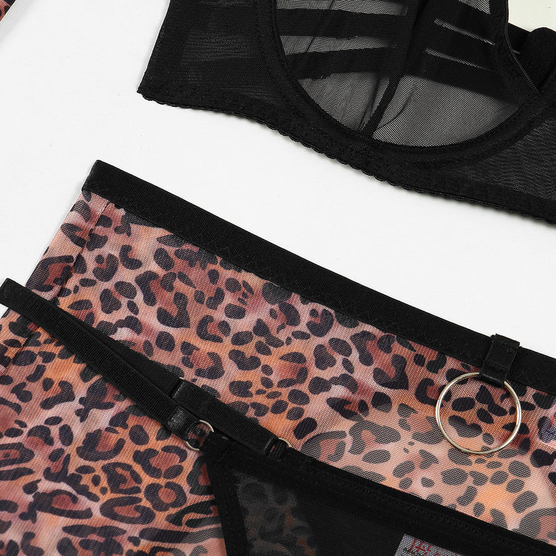 Long Sleeve Leopard Pattern Crop Top! Sexy Lingerie Top Bra Panty and Garter Skirt 3-Piece Matching Set, Sexy Lingerie Underwear