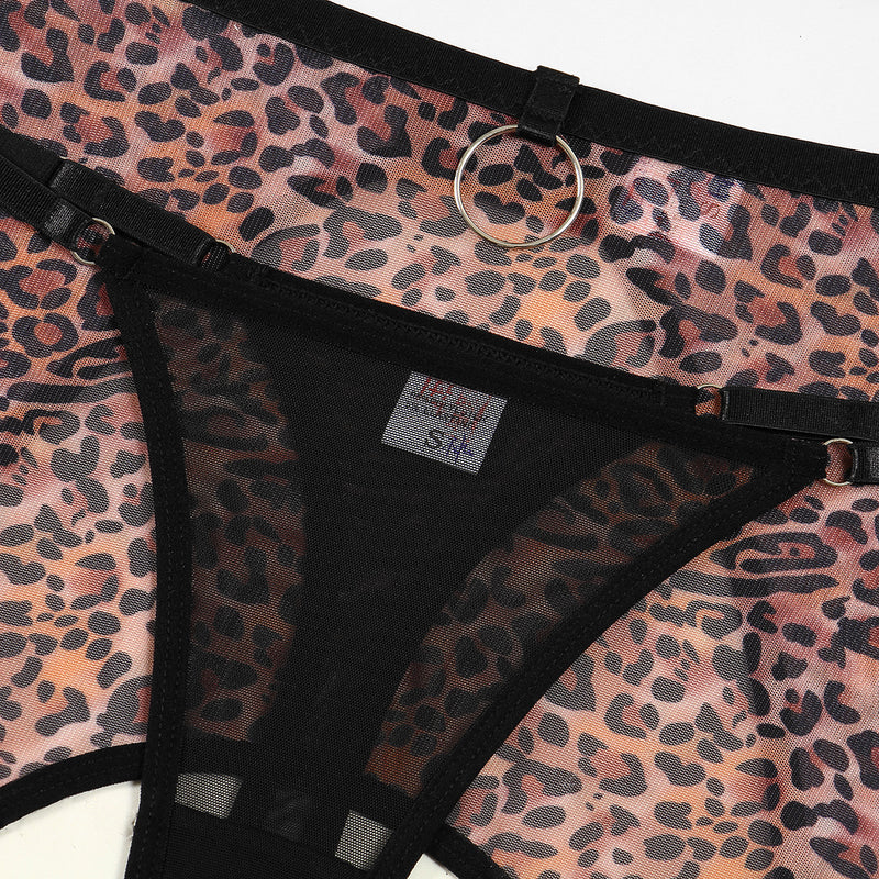 Long Sleeve Leopard Pattern Crop Top! Sexy Lingerie Top Bra Panty and Garter Skirt 3-Piece Matching Set, Sexy Lingerie Underwear