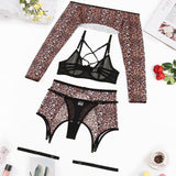 Long Sleeve Leopard Pattern Crop Top! Sexy Lingerie Top Bra Panty and Garter Skirt 3-Piece Matching Set, Sexy Lingerie Underwear