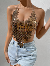 Rose Gold Round Metallic Plates! Cool Sexy Backless Crop Tank Top with Flicker Metallic Fabric , Shining Tops 8017